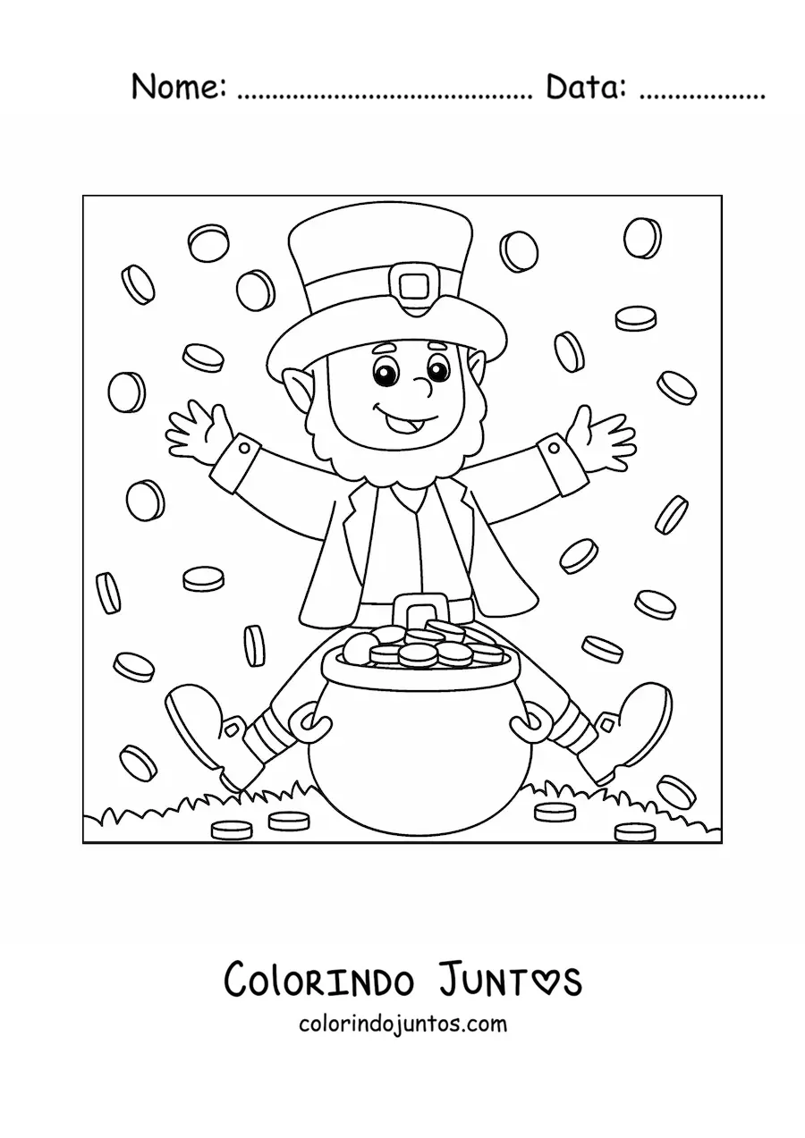 Desenho para colorir de duende feliz com pote de ouro