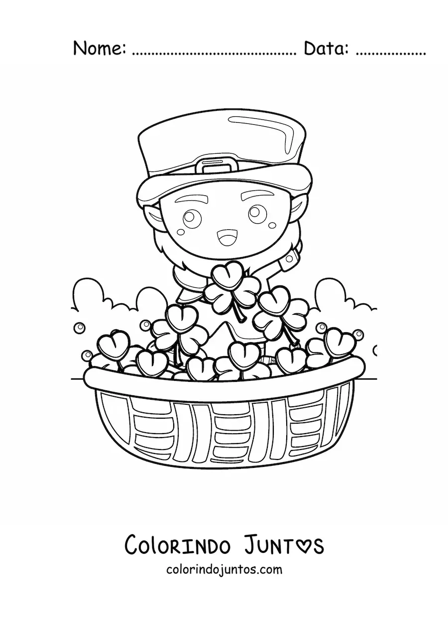 Desenho para colorir de duende irlandês kawaii com trevos