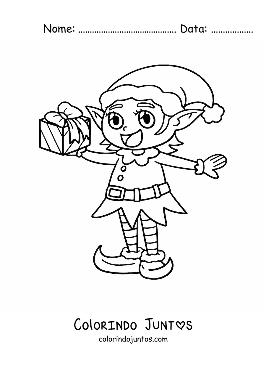 Desenho para colorir de duende mágico de Natal com presente