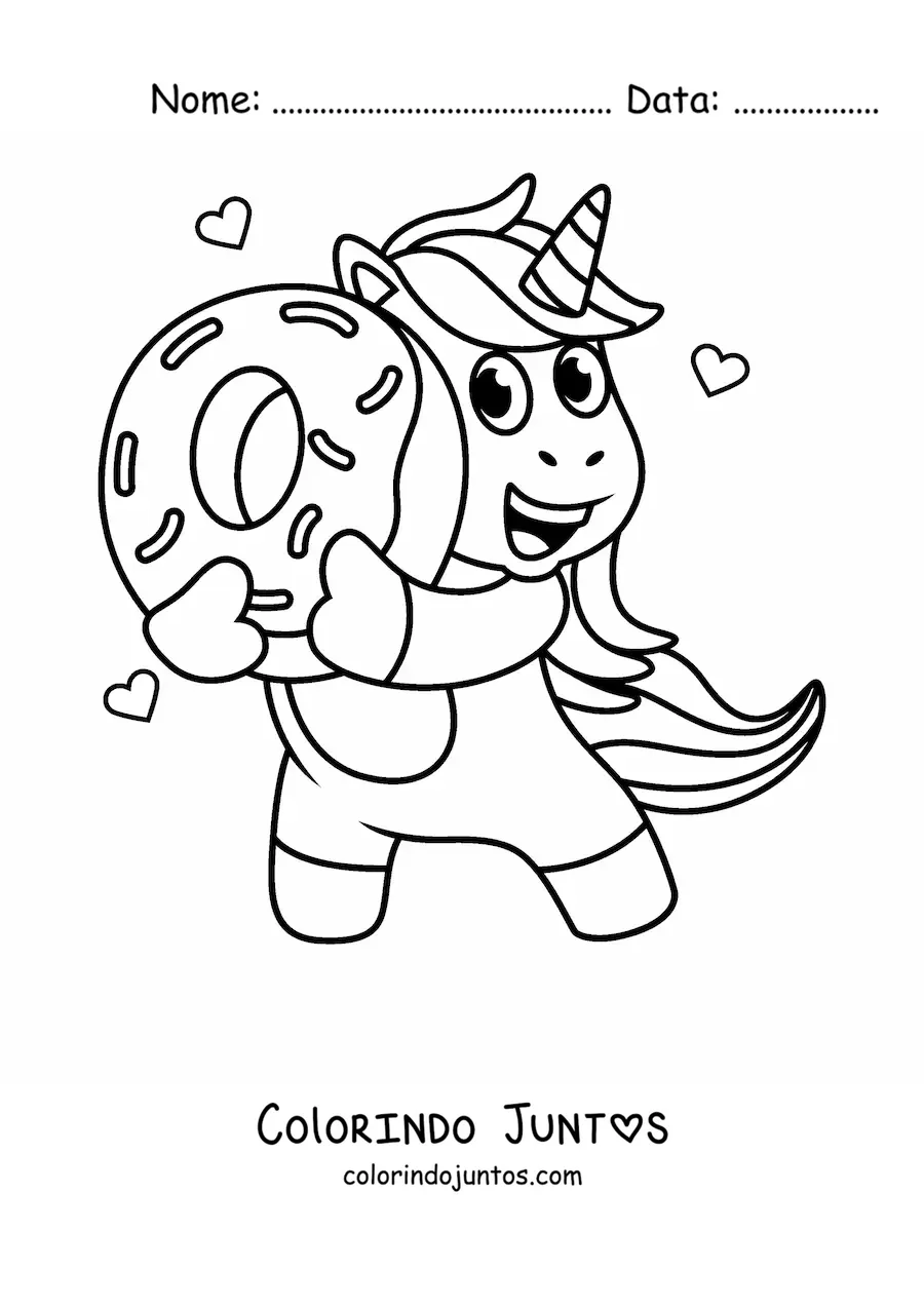Desenho para colorir de um unicornio animado segurando uma rosquinha
