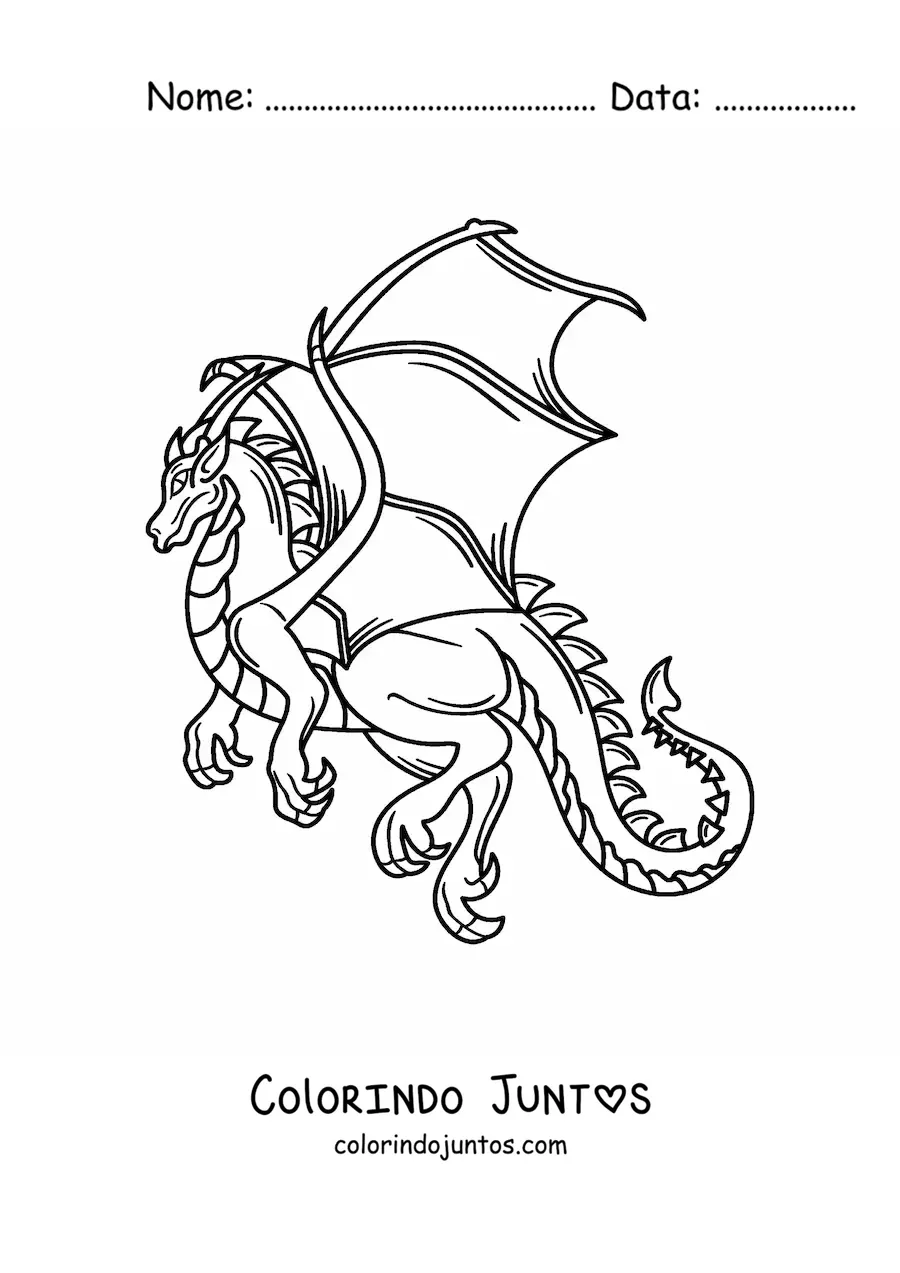 Desenho para colorir de dragão realista voando sem fundo