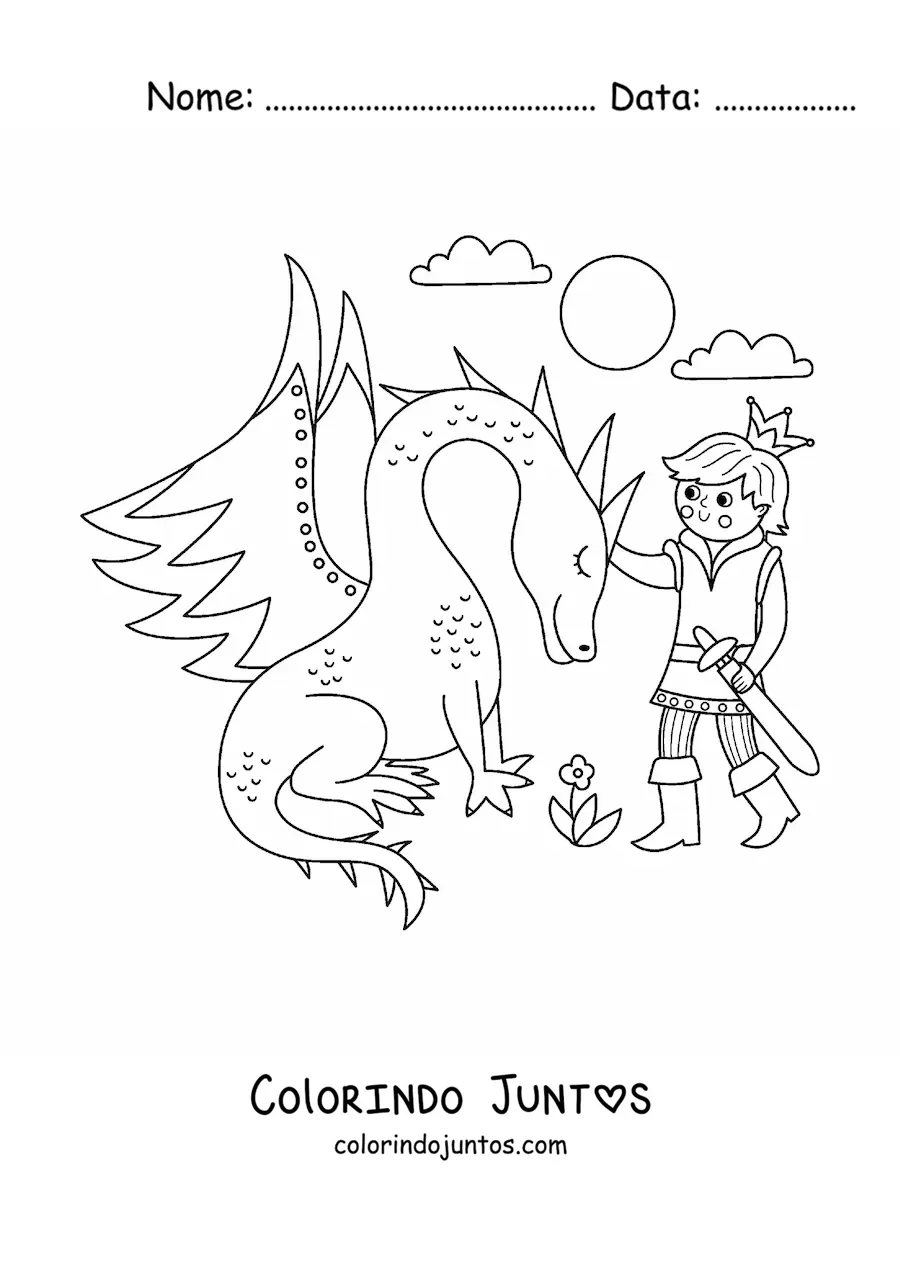 Desenho para colorir de príncipe e dragão