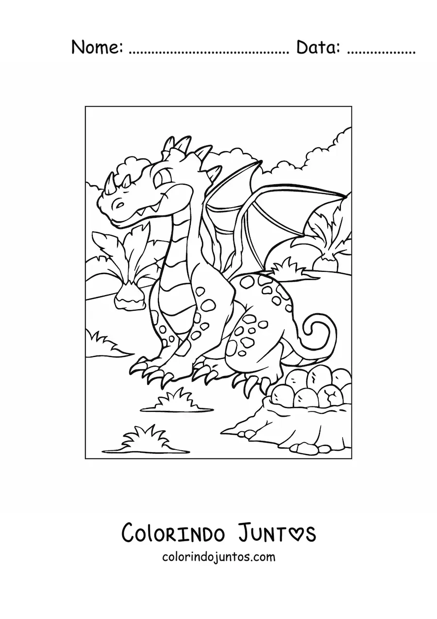 Desenho para colorir de dragão animado sentado ao lado dos seus ovos