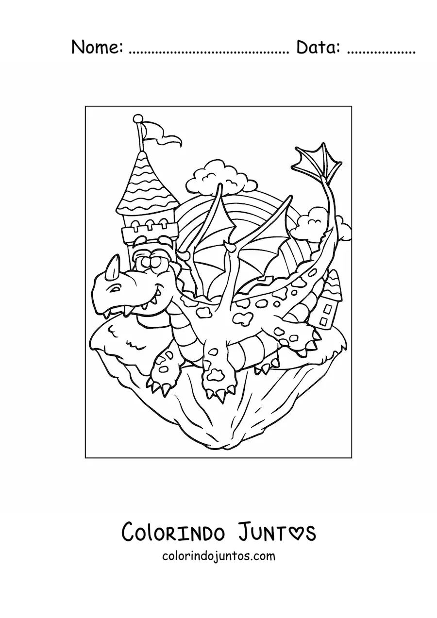 Desenho para colorir de dragão animado voando ao lado do castelo