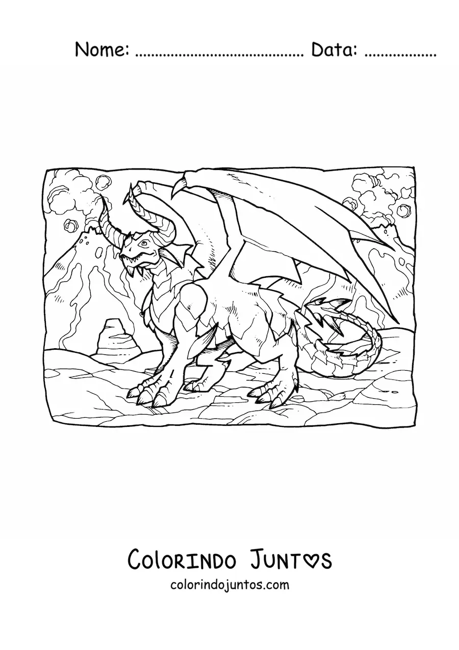 Desenho para colorir de dragão mitológico assustador com chifres