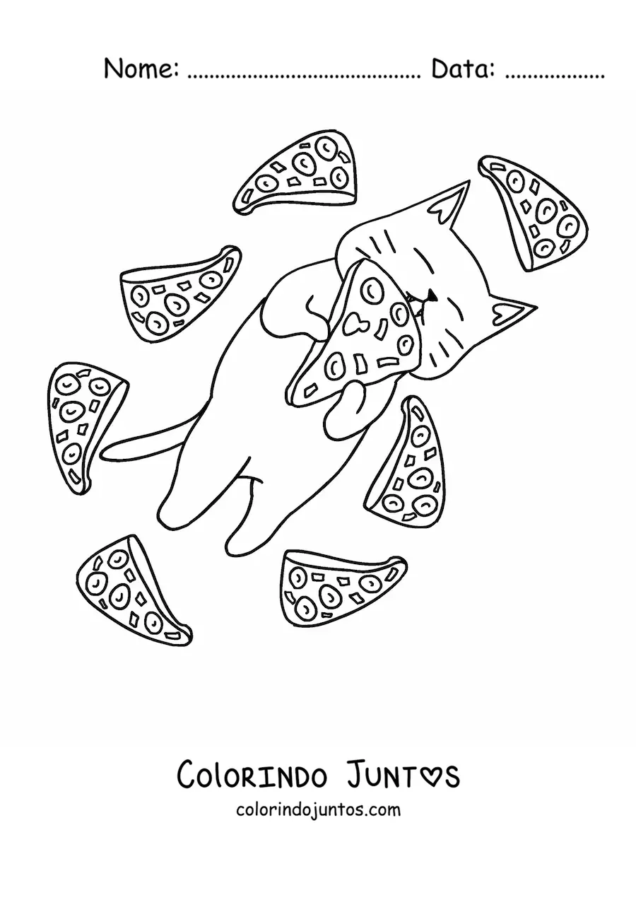 Desenho para colorir de um gato comendo pizza cercado de fatias de pizza