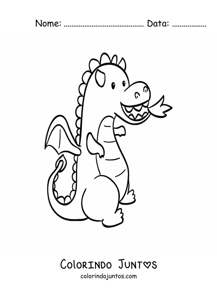 Desenho para colorir de dragão bebê animado cuspindo fogo