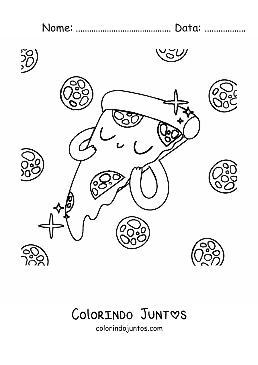 Desenho para colorir de uma fatia de pizza kawaii