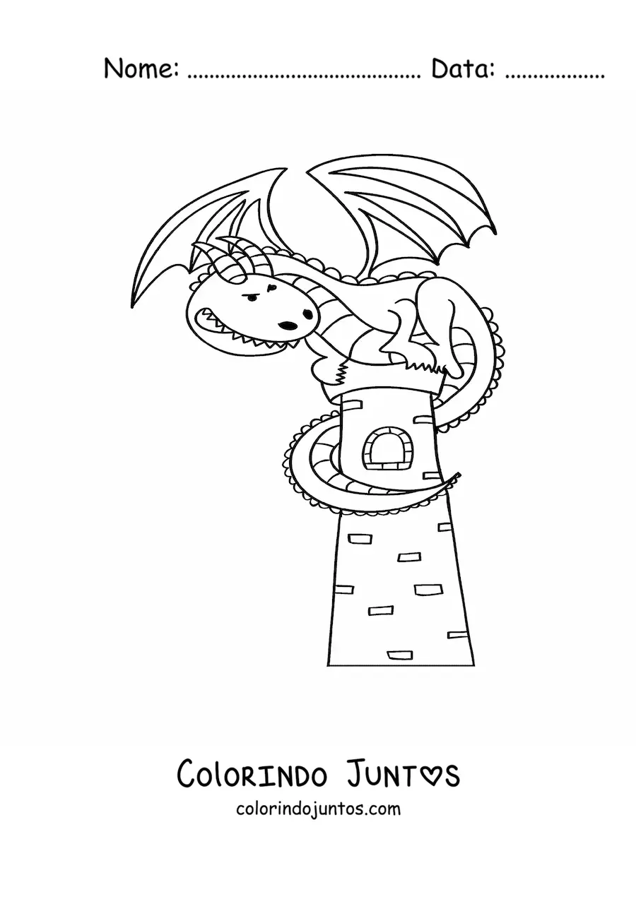 Desenho para colorir de dragão animado em uma torre