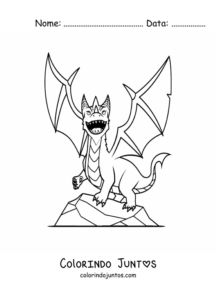 Desenho para colorir de dragão voador sobre uma rocha