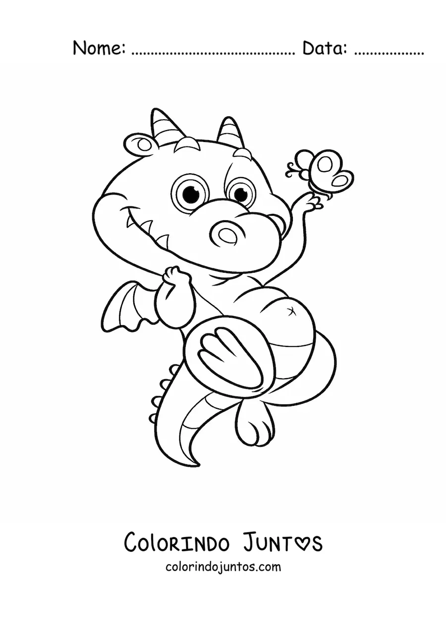 Desenho para colorir de pequeno dragão voando com uma borboleta