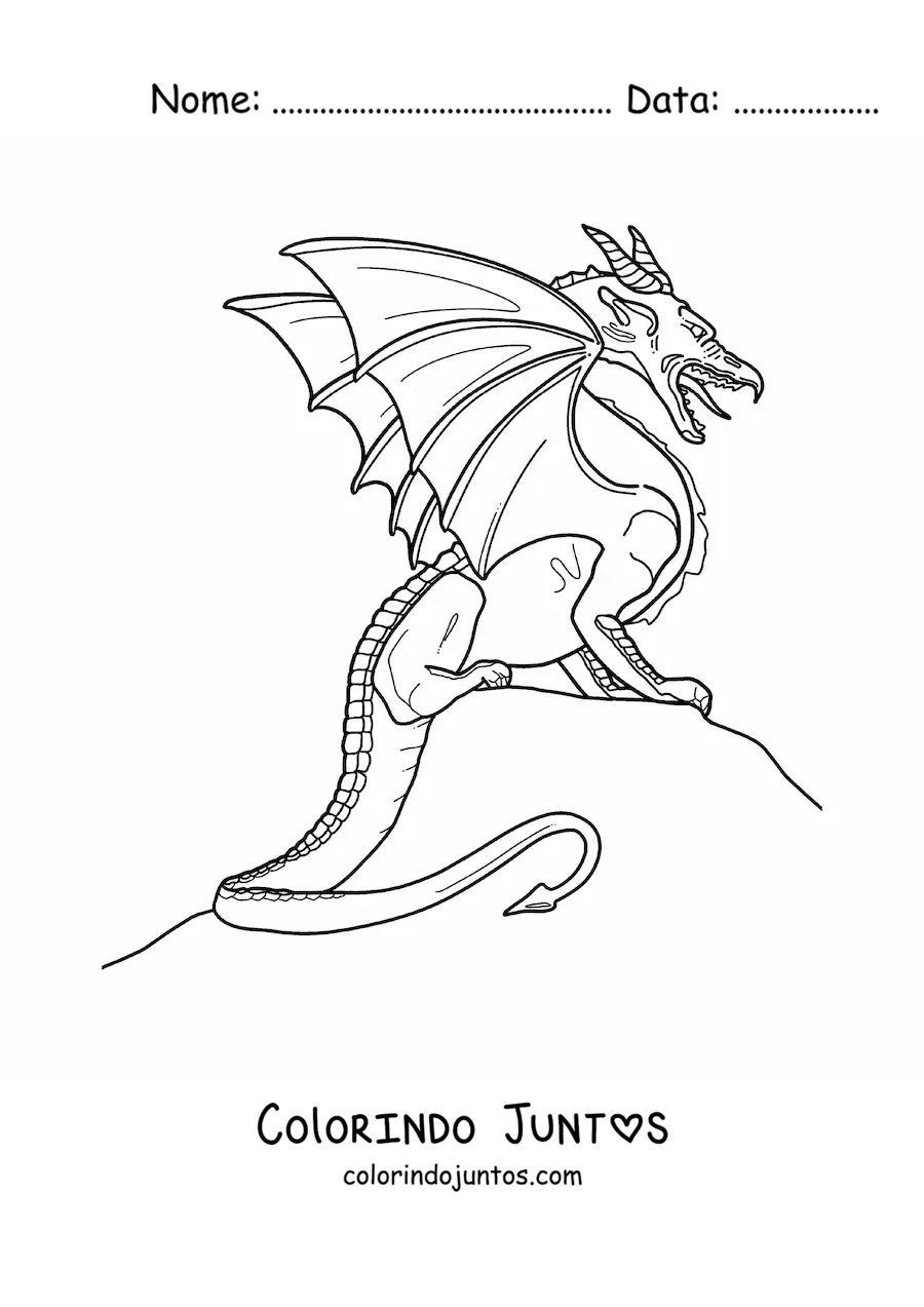 Desenho para colorir de dragão voador realista sentado