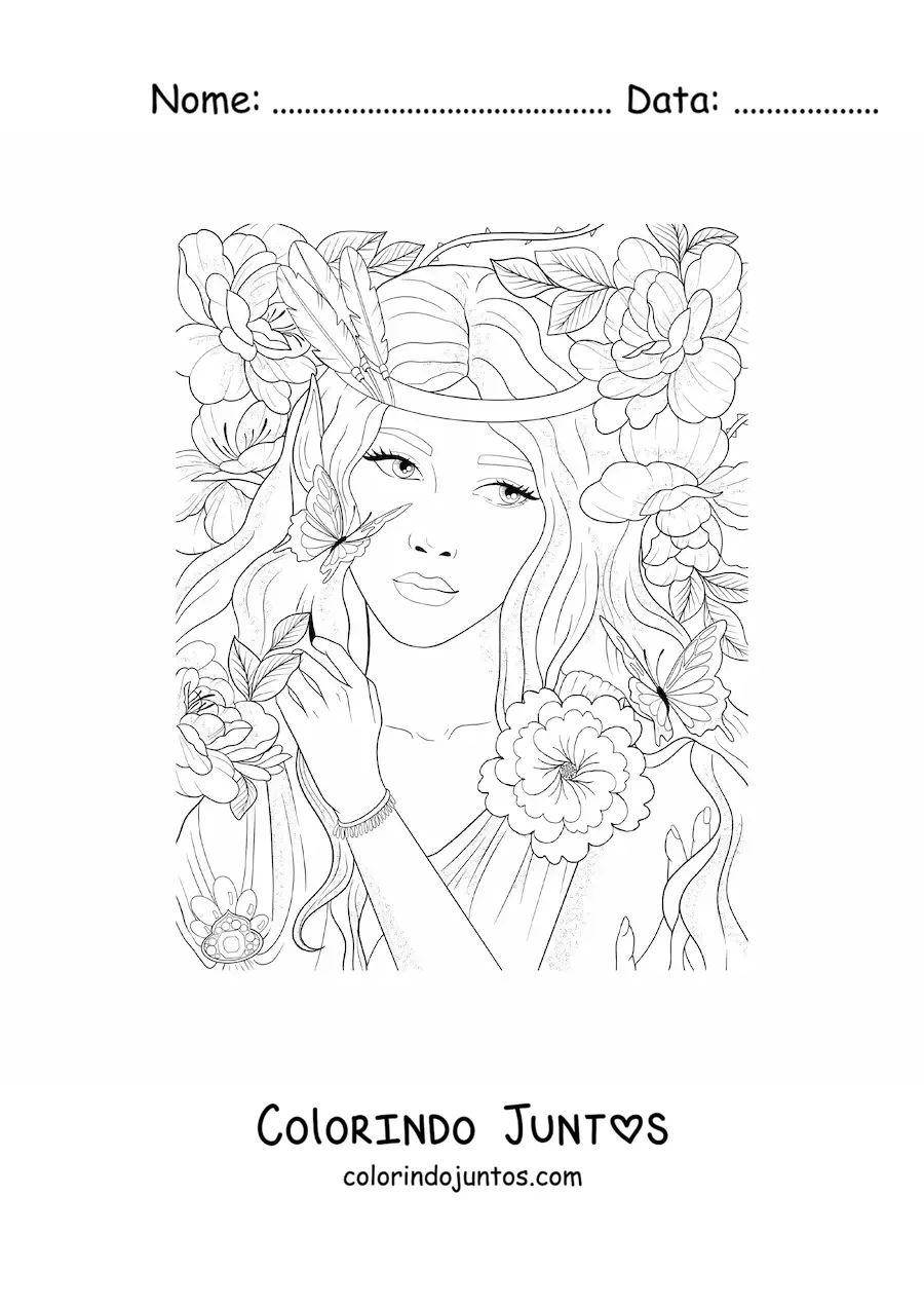 Desenho para colorir de elfo aesthetic com flores e borboletas