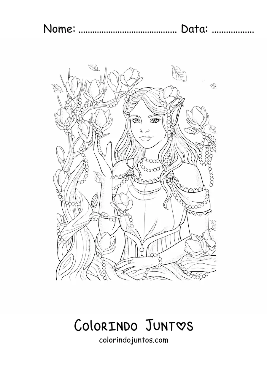 Desenho para colorir de elfo mitológico com flores