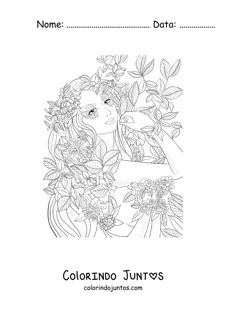 Desenho para colorir de linda elfa realista com flores