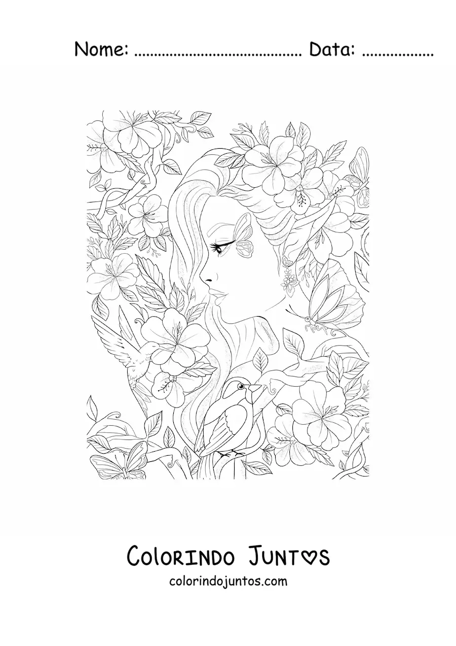 Desenho para colorir de mulher elfa da floresta com flores e pássaros