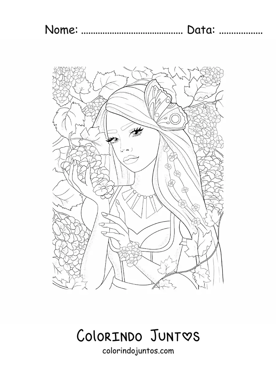 Desenho para colorir de elfo da mitologia em uma floresta