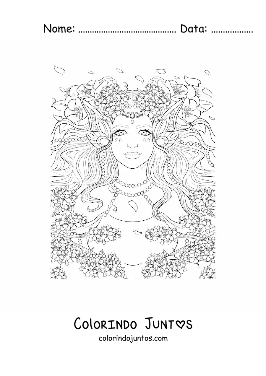Desenho para colorir de mulher elfa realista com flores