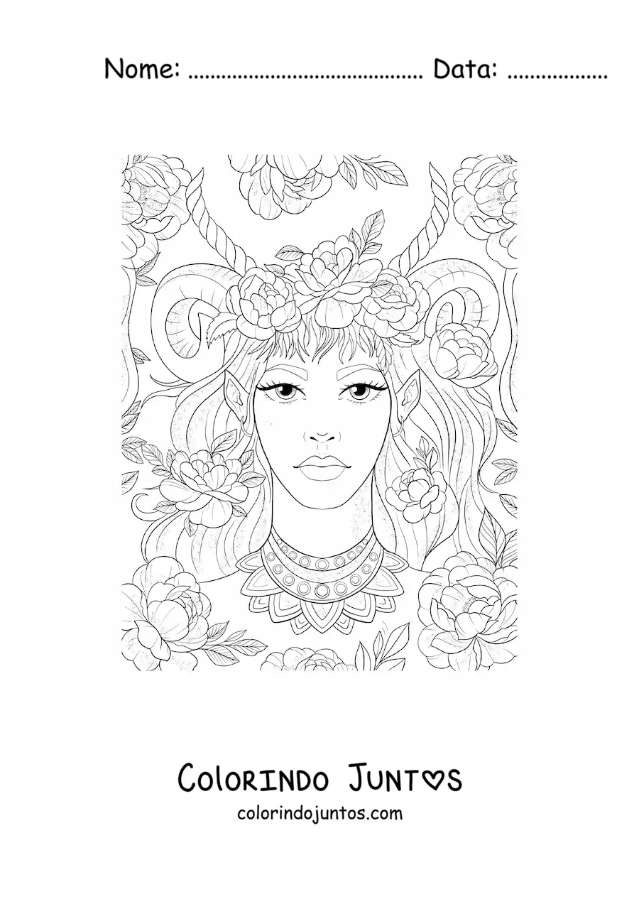 Desenho para colorir de linda mulher elfa com chifres e flores