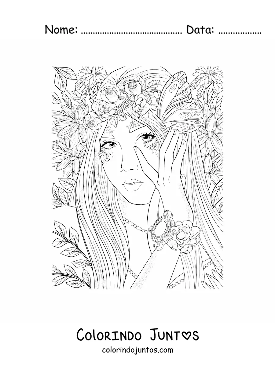 Desenho para colorir de linda mulher elfa da floresta