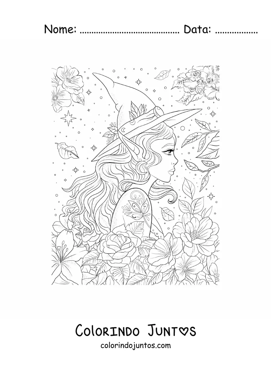 Desenho para colorir de mulher com chapéu de bruxa e orelhas de elfo