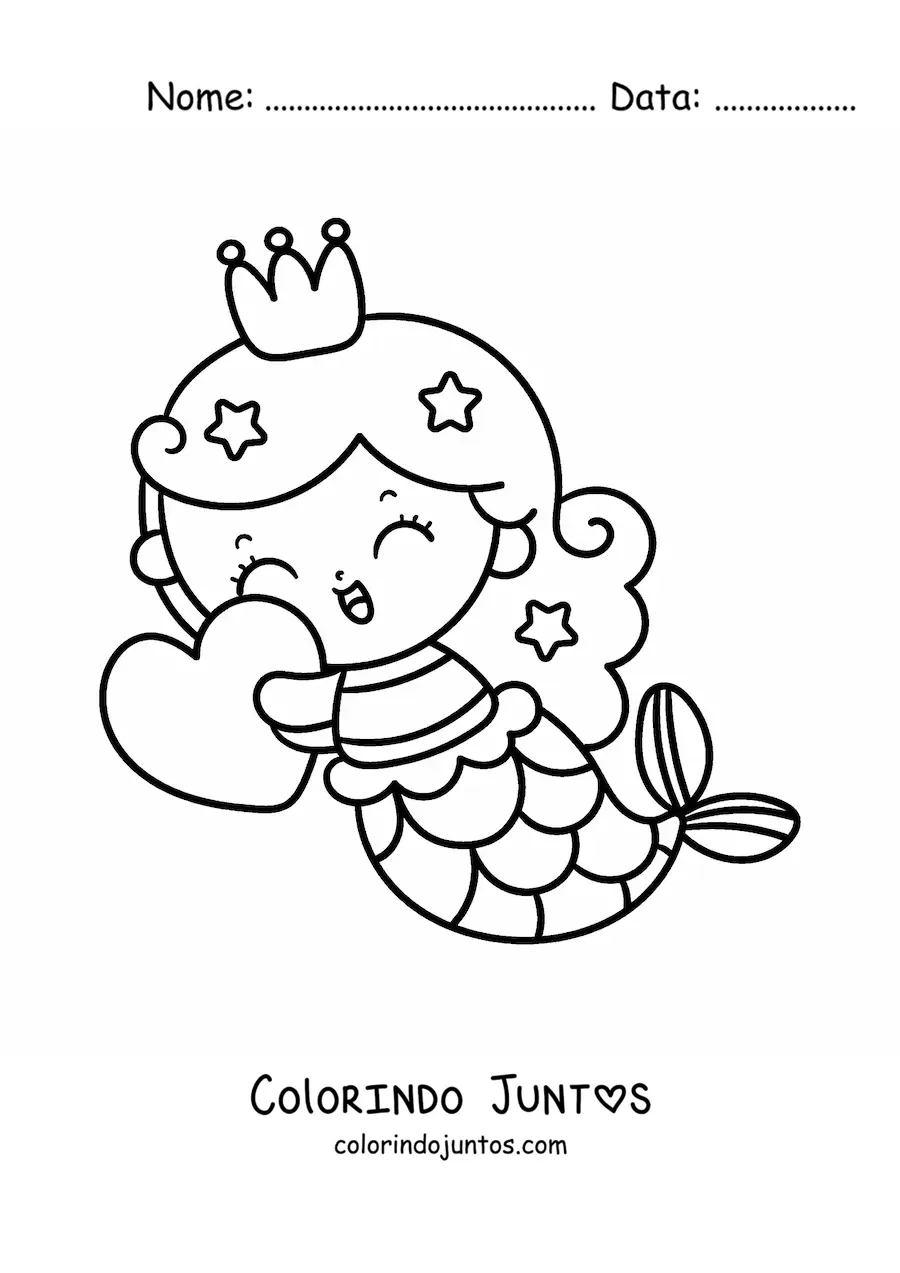 Desenho para colorir de princesa sereia kawaii com coração