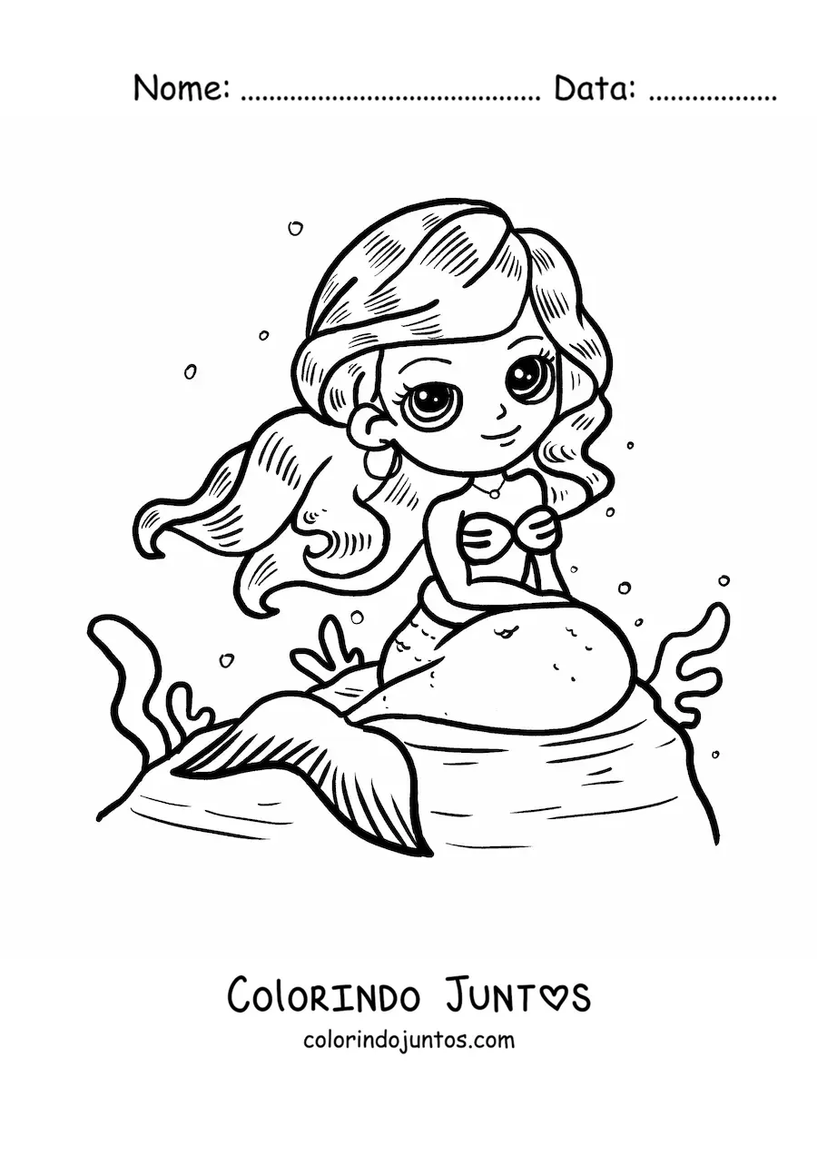 Desenho para colorir de sereia kawaii sentada em uma rocha