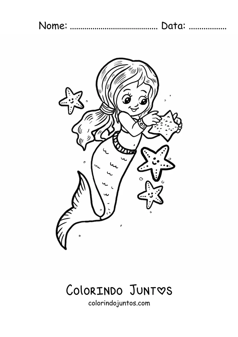 Desenho para colorir de menina sereia kawaii com estrelas-do-mar