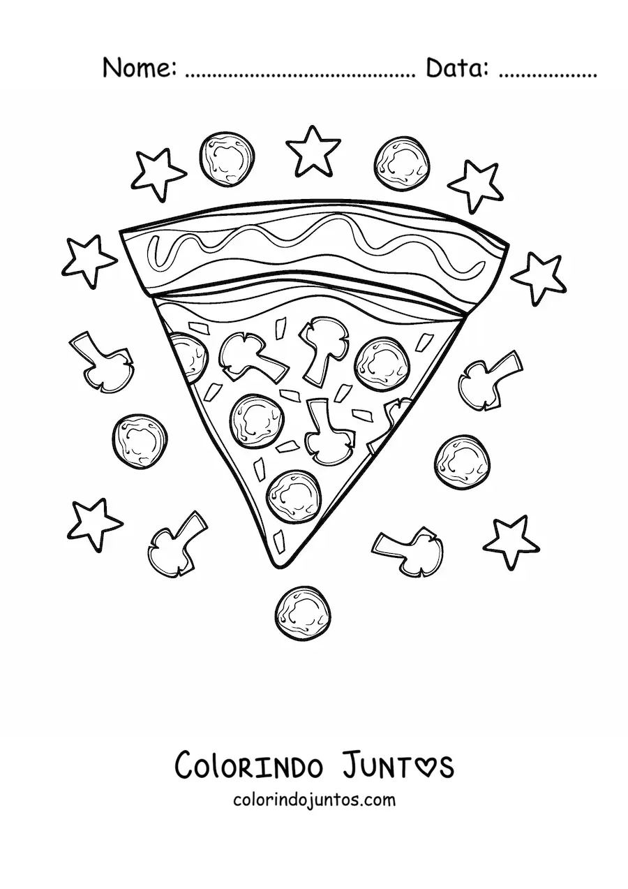 Desenho para colorir de uma fatia de pizza cercada de estrelas e ingredientes