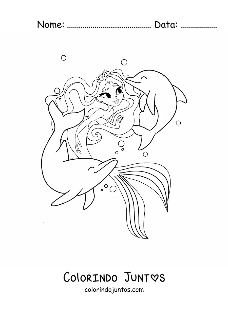 Desenho para colorir de linda princesa sereia com golfinhos