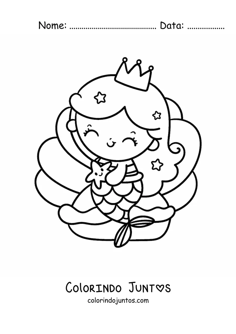 Desenho para colorir de princesa sereia kawaii sentada em uma concha do mar