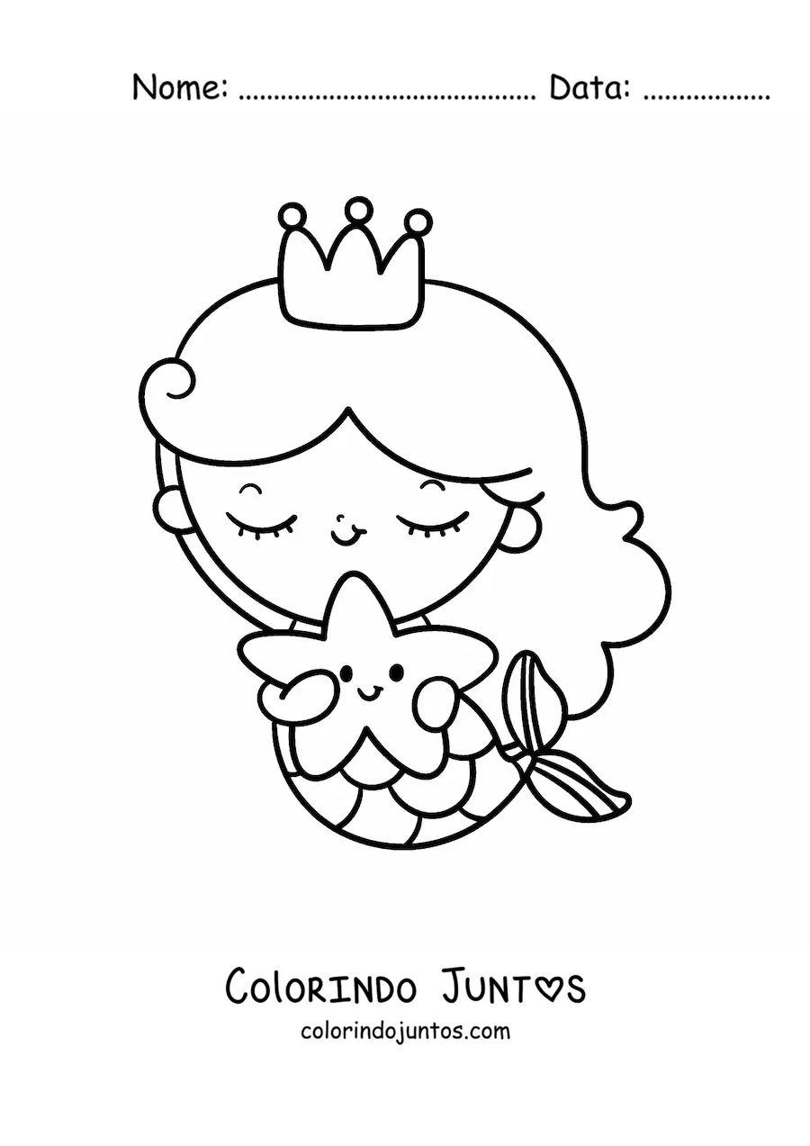 Desenho para colorir de princesa sereia kawaii com uma estrela-do-mar