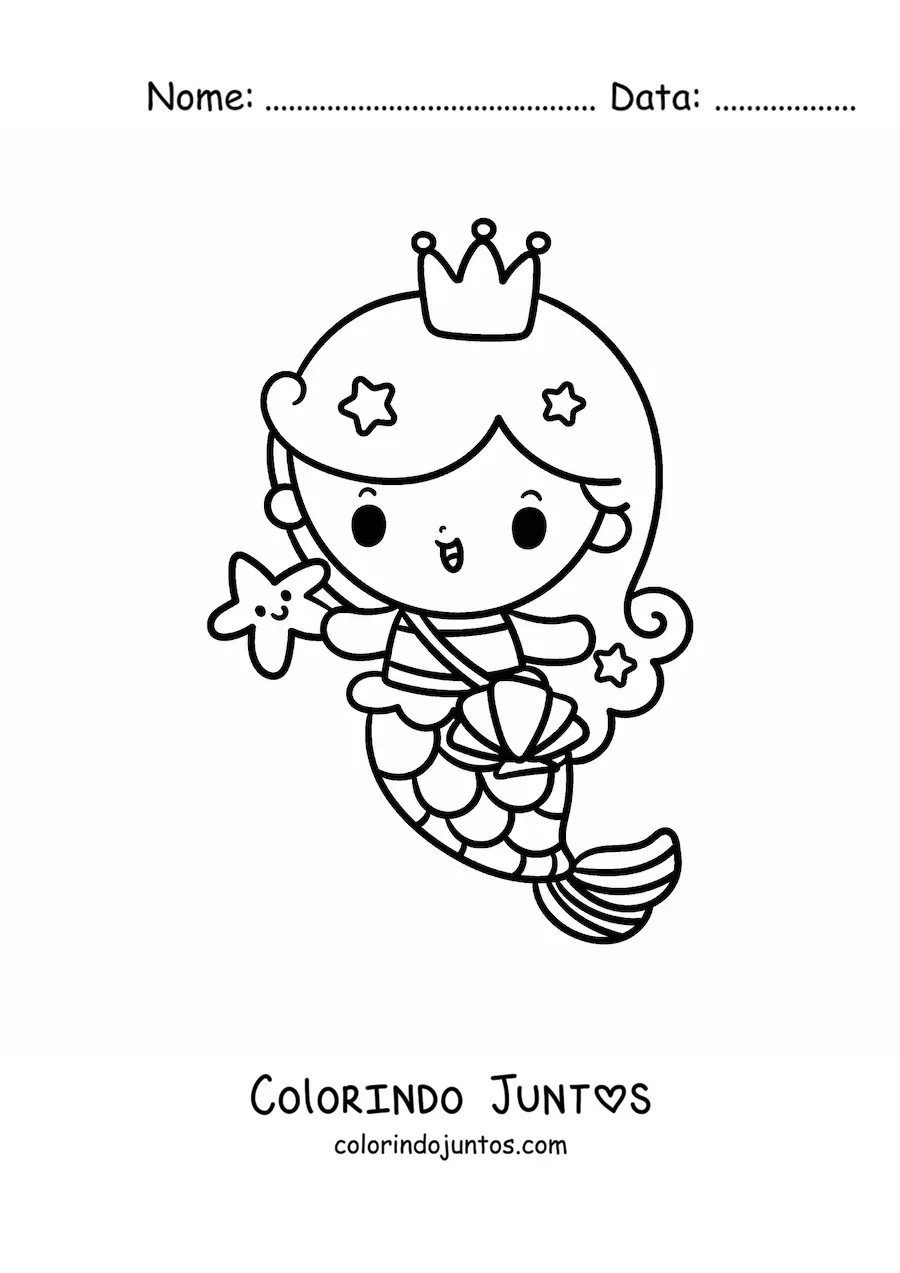 Desenho para colorir de princesa sereia kawaii com bolsa e estrela-do-mar