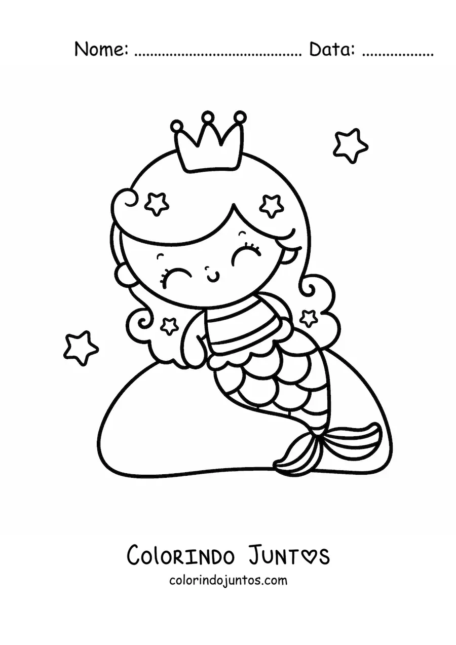 Desenho para colorir de princesa sereia kawaii sentada em uma rocha