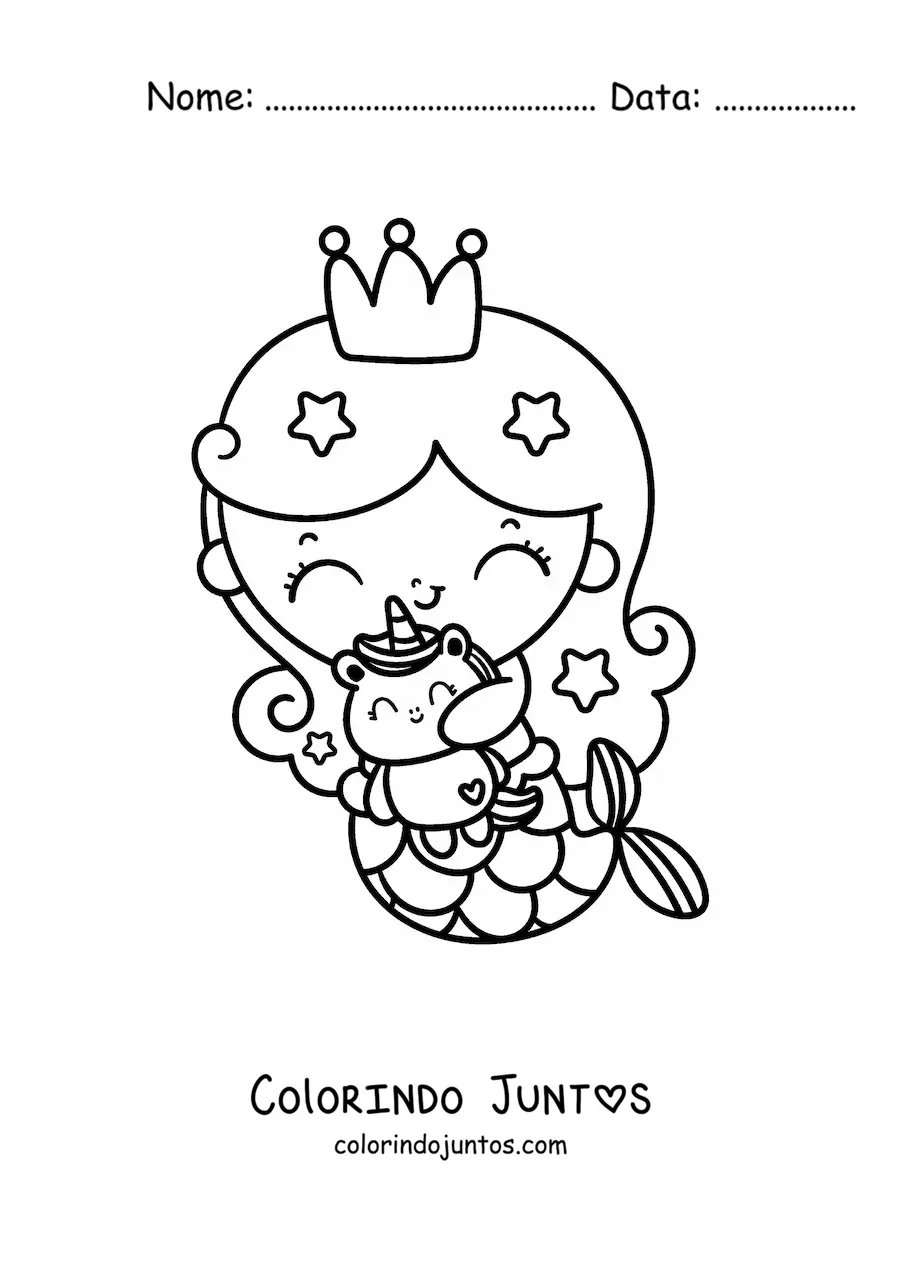 Desenho para colorir de princesa sereia kawaii com pelúcia de unicórnio
