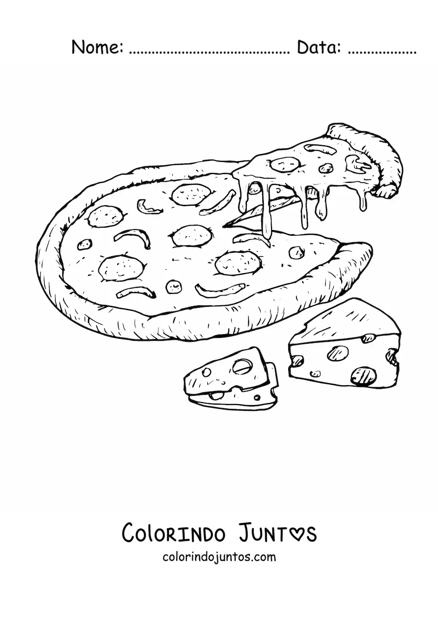 Desenho para colorir de uma pizza com queijo