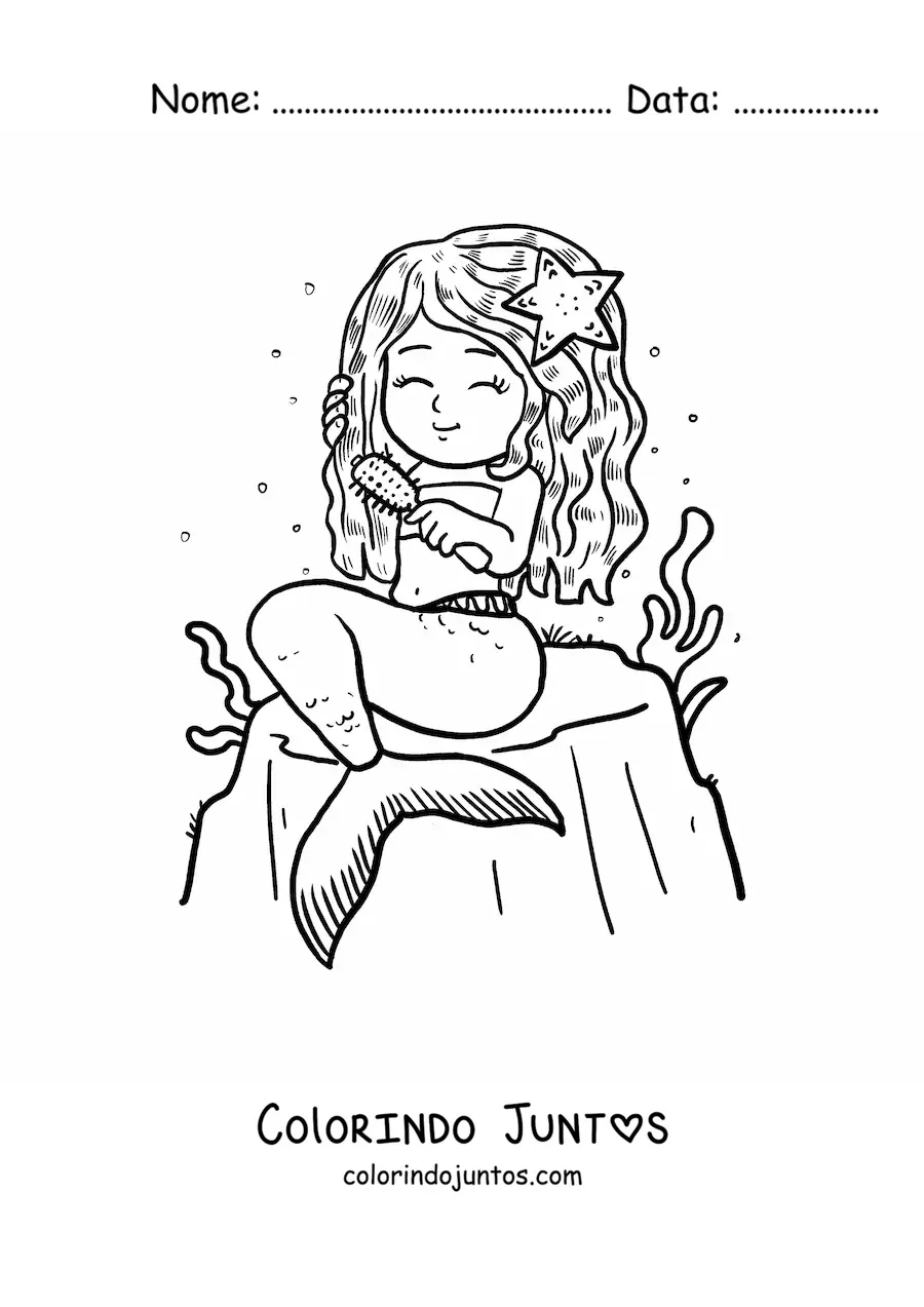 Desenho para colorir de sereia animada sentada em uma rocha penteando o cabelo