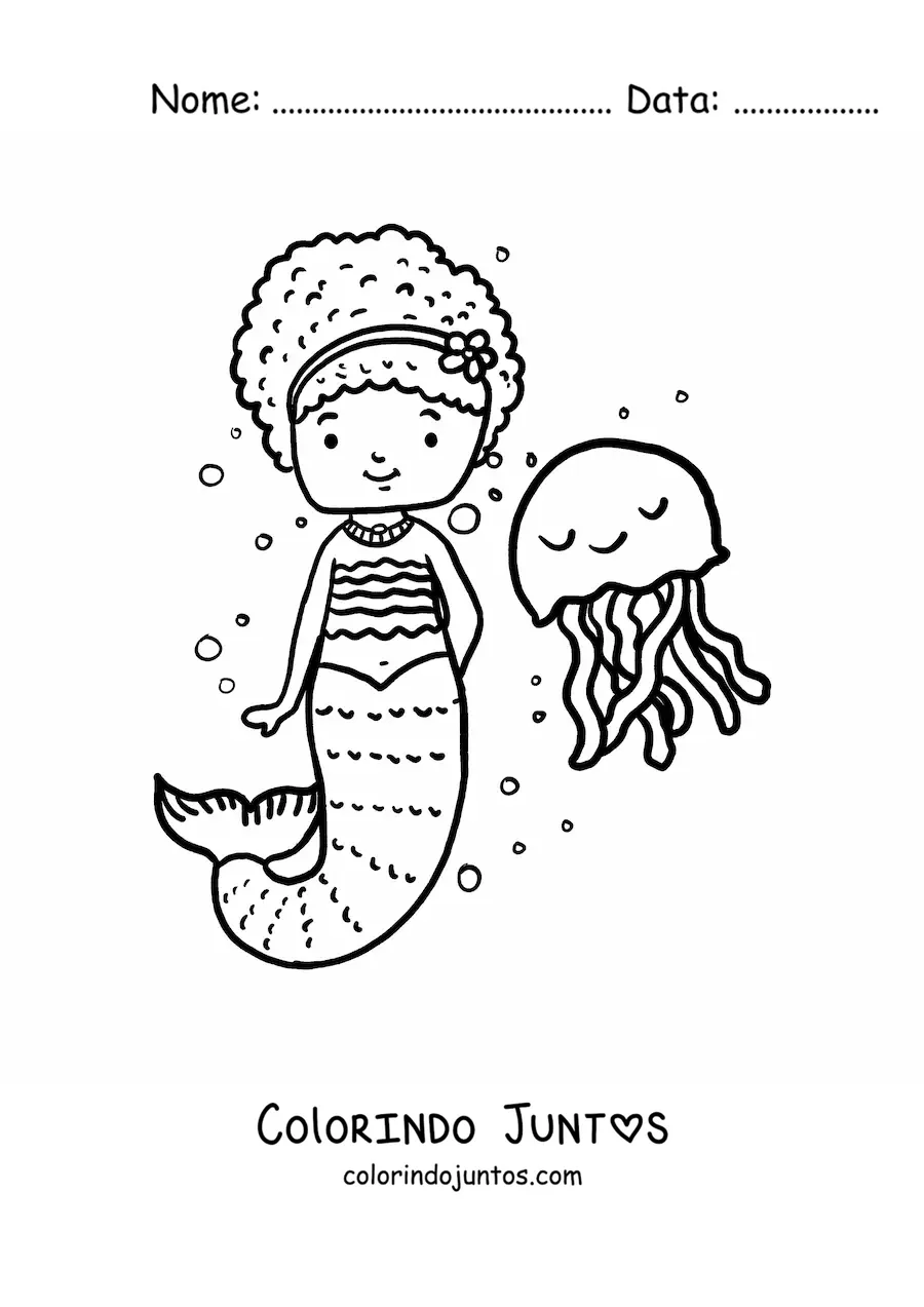 Desenho para colorir de sereia animada ao lado de uma água-viva