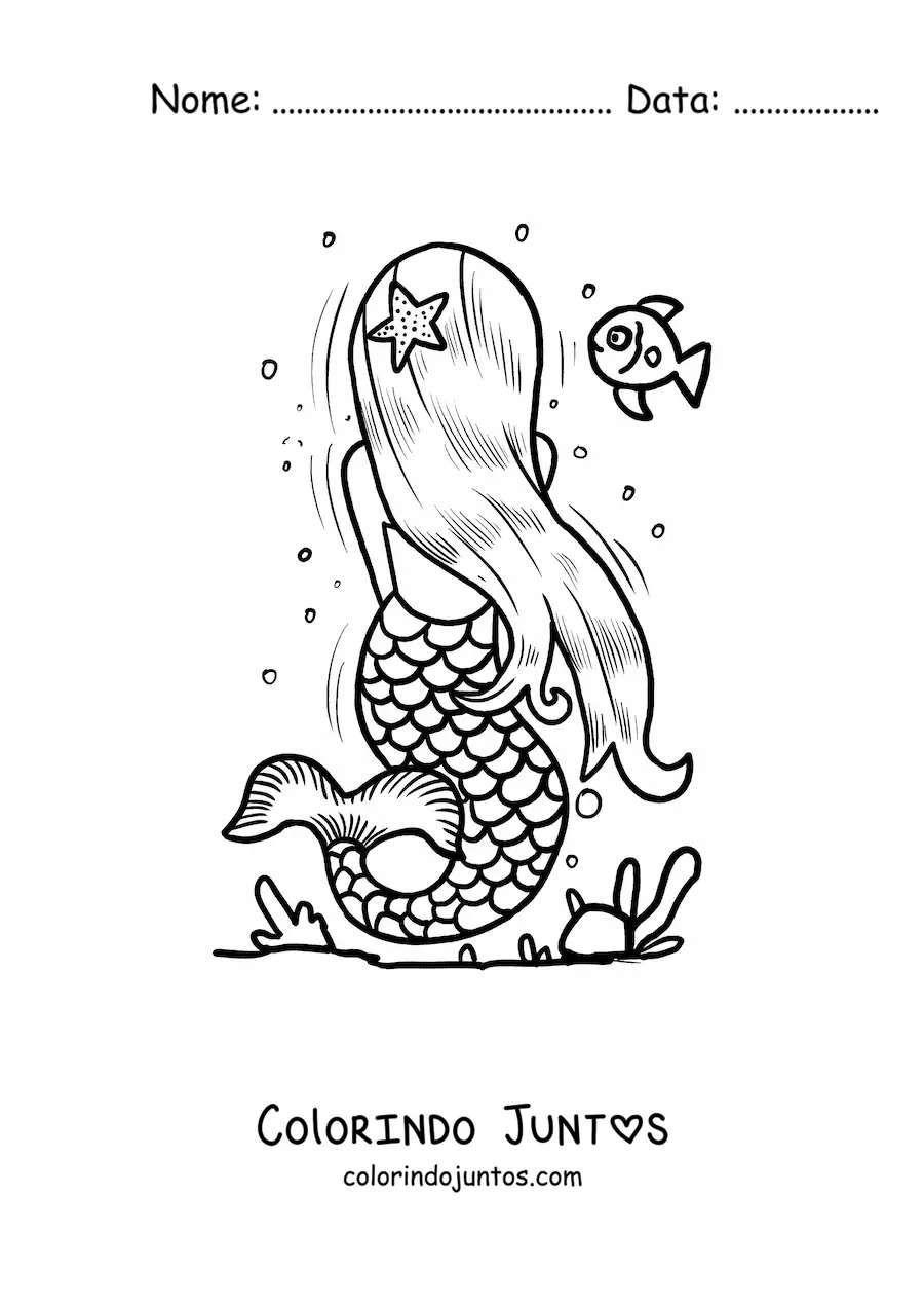 Desenho para colorir de sereia de costas no mar