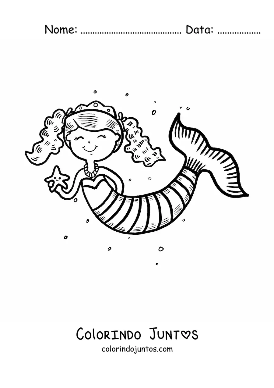 Desenho para colorir de princesa sereia com uma estrela-do-mar