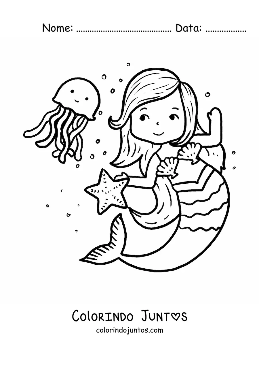 Desenho para colorir de sereia animada dançando com água-viva e estrela-do-mar