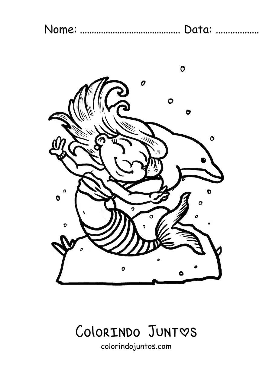 Desenho para colorir de sereia animada dançando com um golfinho