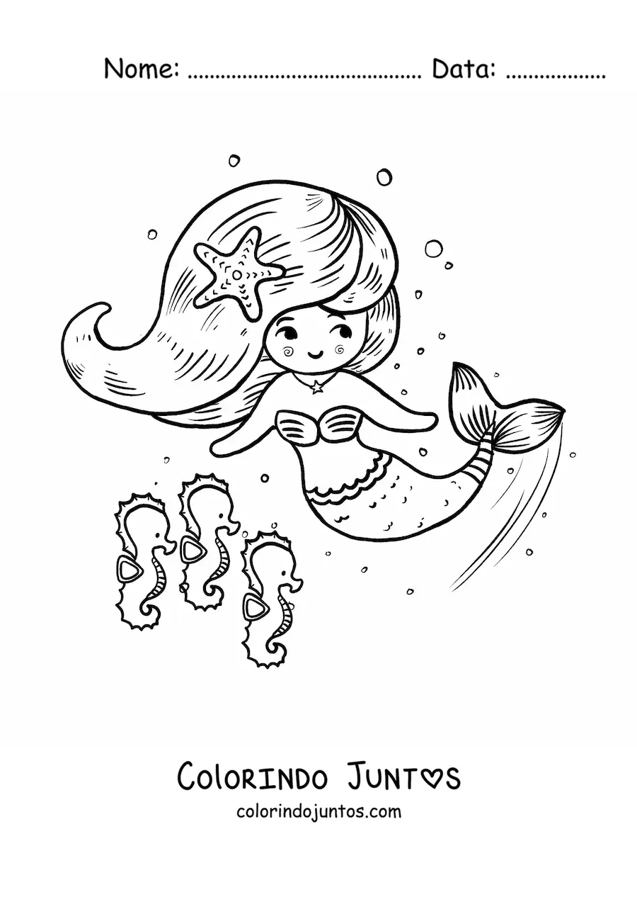 Desenho para colorir de sereia animada nadando com cavalos-marinhos