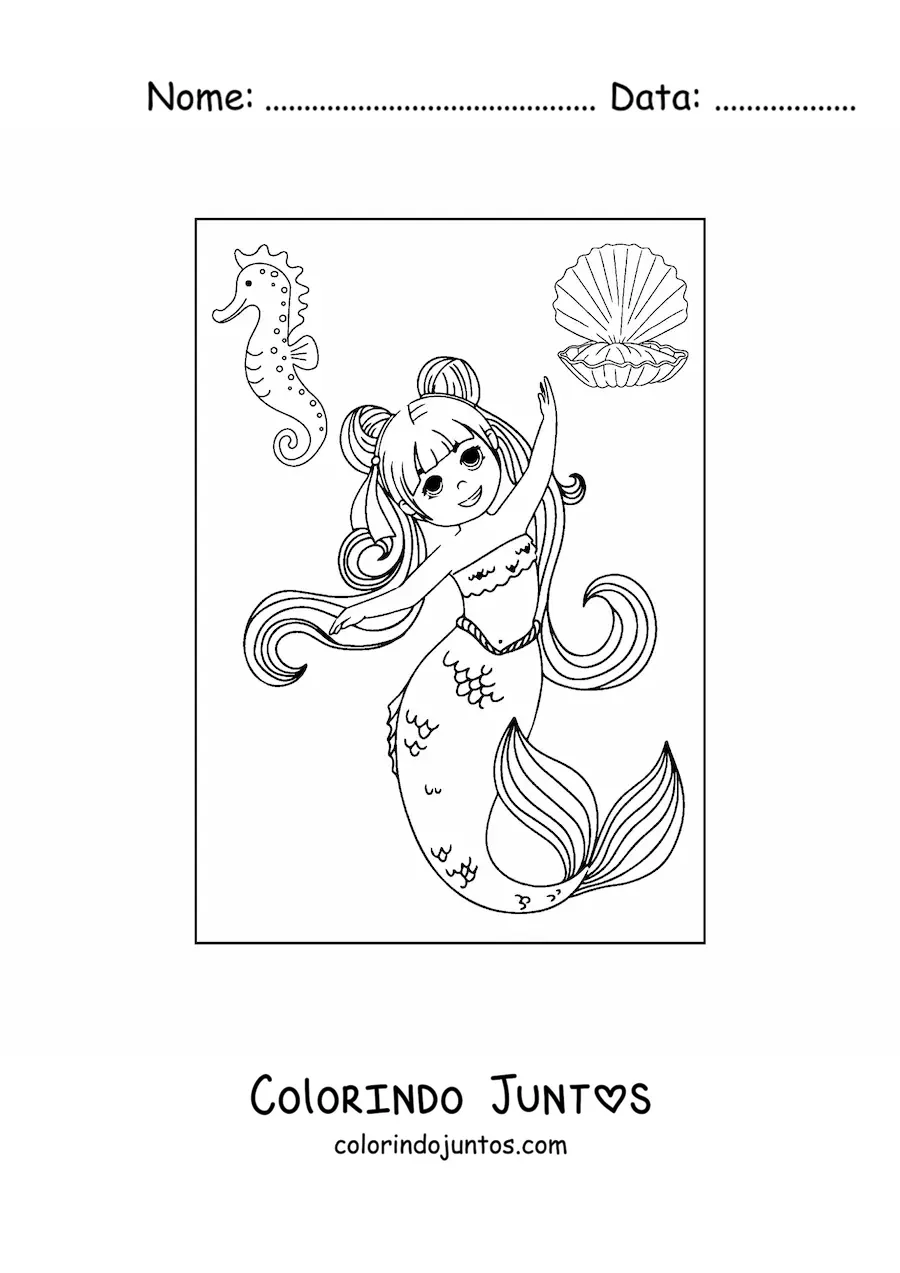 Desenho para colorir de sereia estilo anime dançando com cavalo-marinho