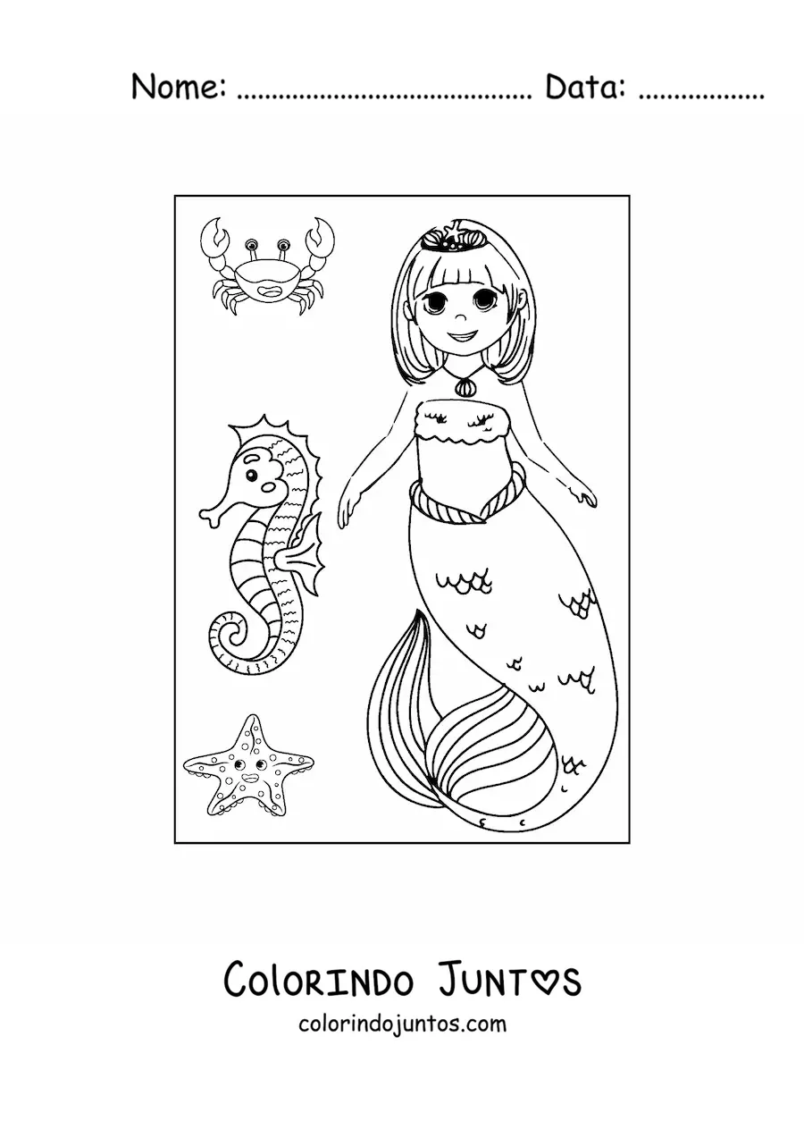 Desenho para colorir de princesa sereia estilo anime com cavalo-marinho