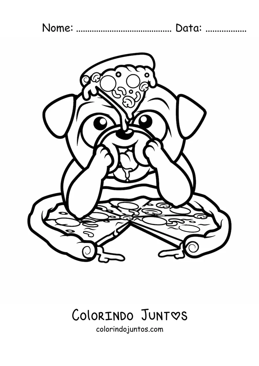 Desenho para colorir de um pug animado comendo uma pizza