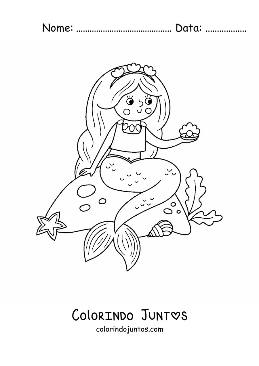 Desenho para colorir de sereia sentada em uma rocha
