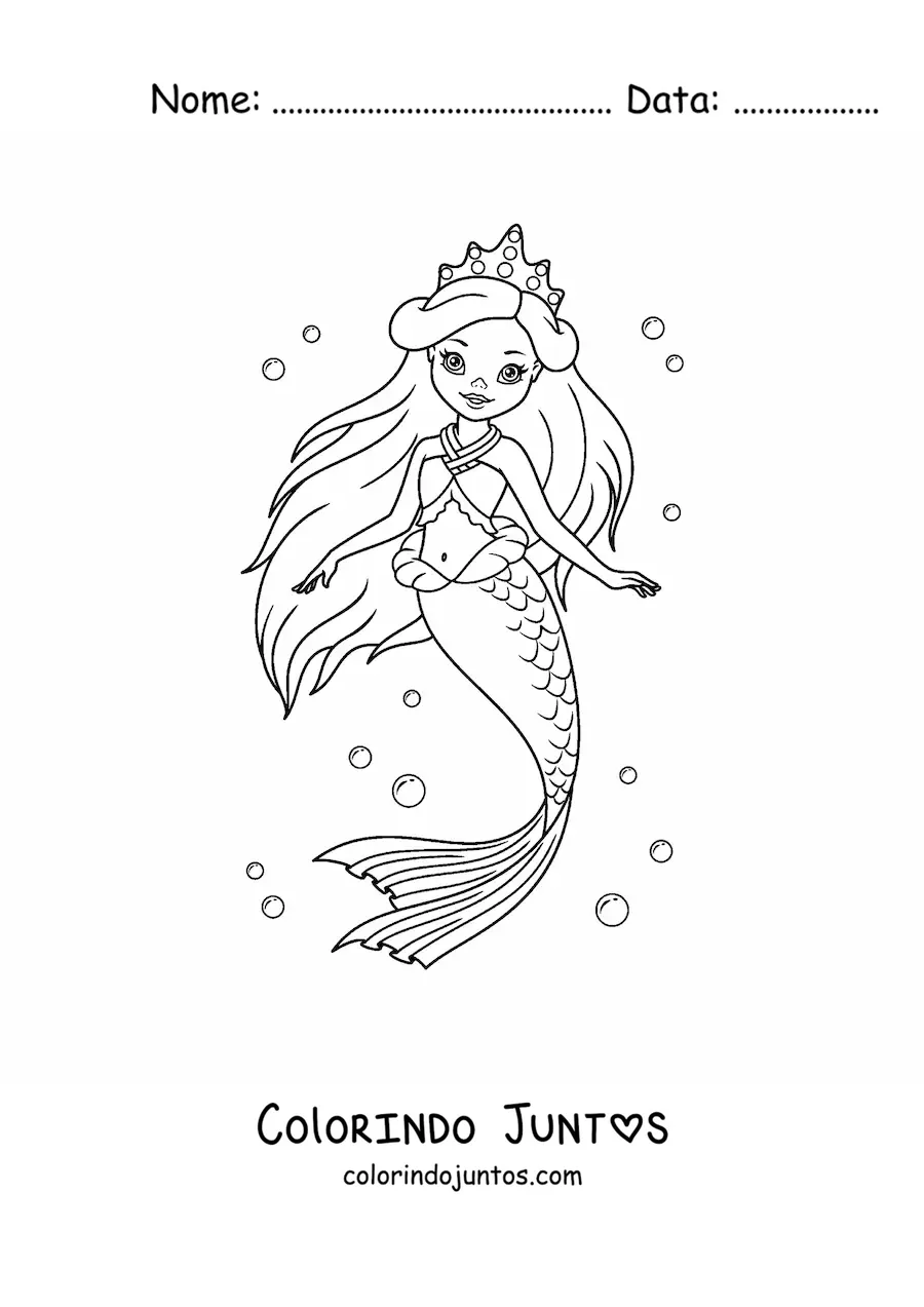 Desenho para colorir de linda princesa sereia no mar