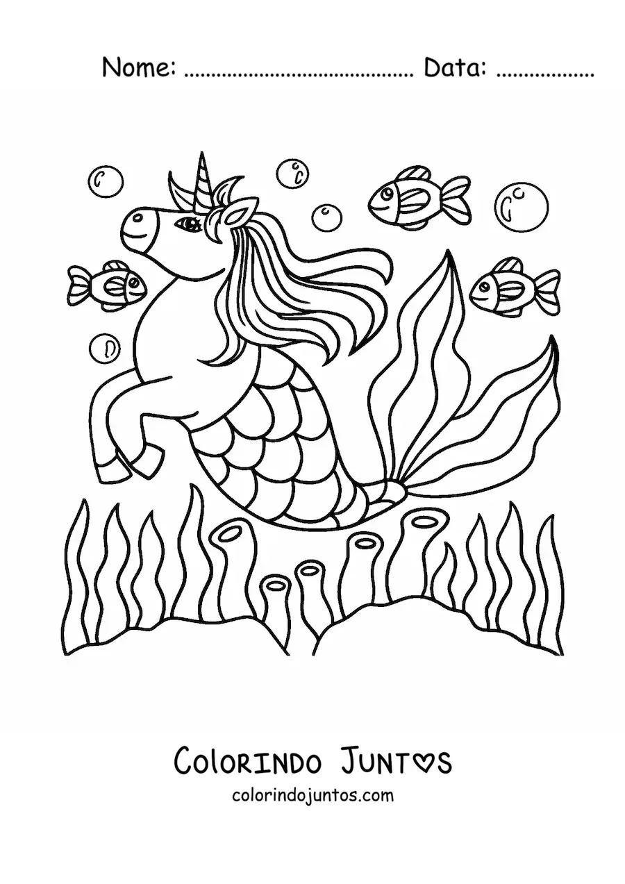 Desenho para colorir de unicórnio sereia nadando com peixes