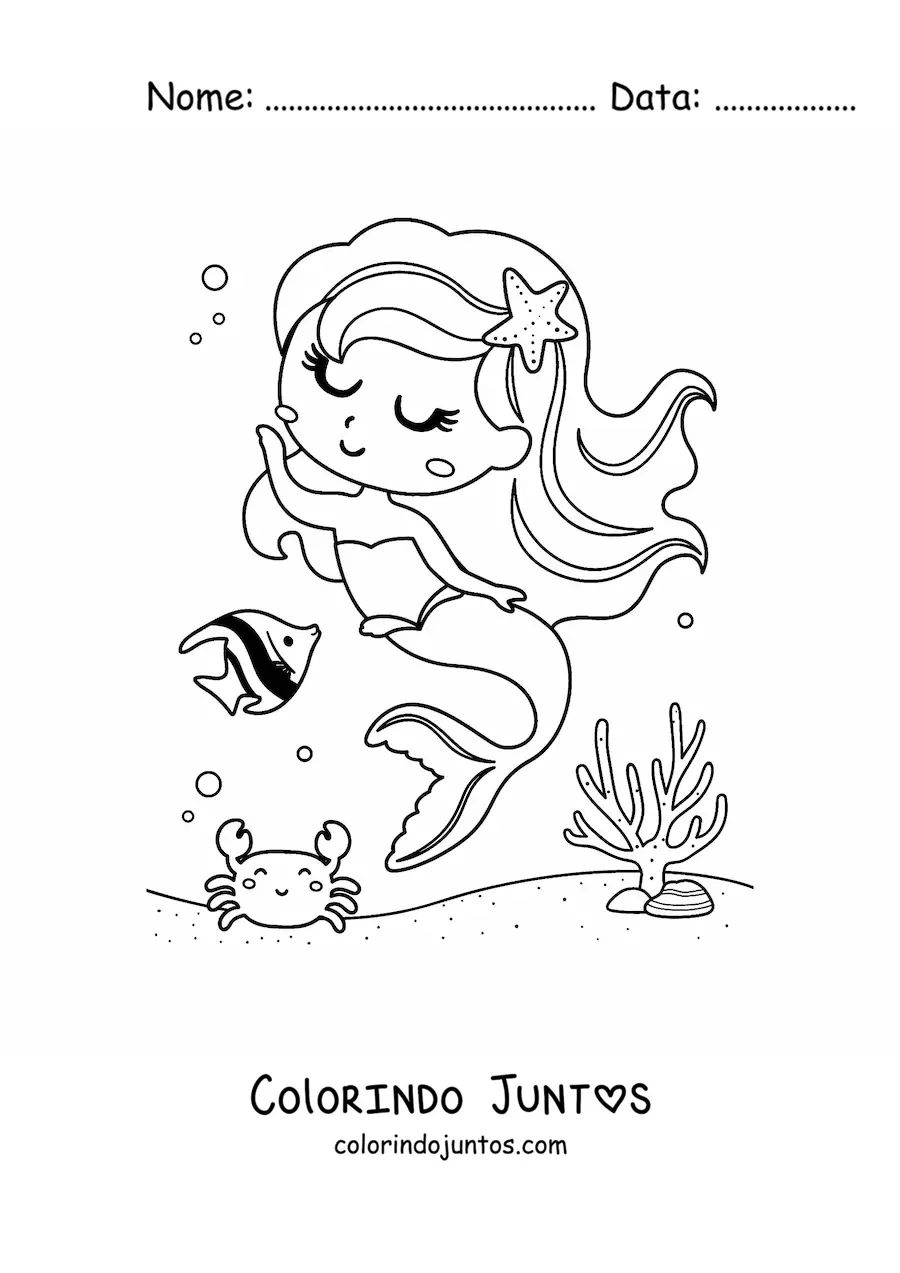 Desenho para colorir de sereia dançando com um peixe e um caranguejo